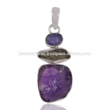 Factory Direct Sale Tanzanite Moldavite and Rough Amethyst Gemstone 925 Silver Pendant